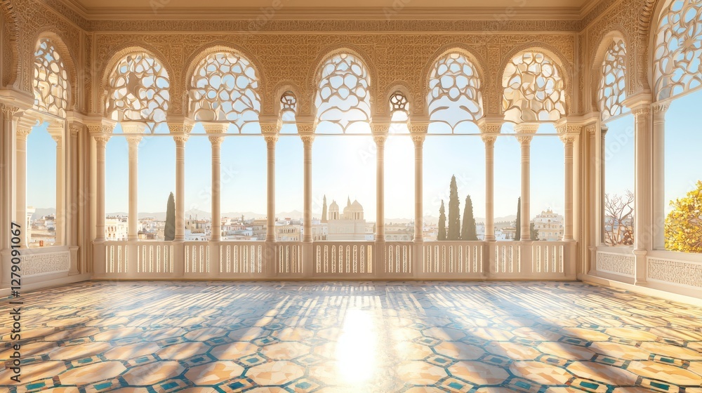 Obraz premium A stunning architectural space featuring intricate arches and patterns, illuminated by soft sunlight, providing a serene and elegant atmosphere.