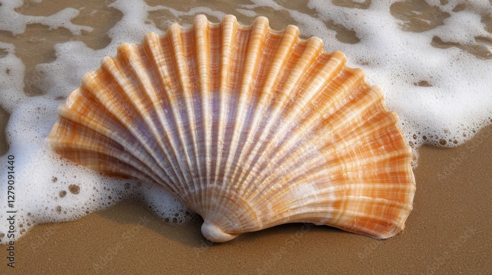 Arafed shell rests on the sandy beach, surrounded by soft, foamy waves lapping at the shore under a bright sky. Arafed shell rests on the sandy beach, surrounded by soft, foamy waves lapping at the shore under a bright sky.