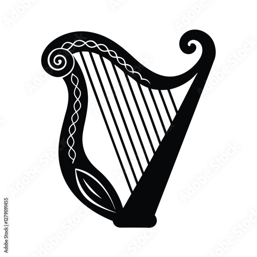 Celtic Harp, Irish Music, String Instrument, Black and White, Musical Symbol, Ancient Design, Ornate