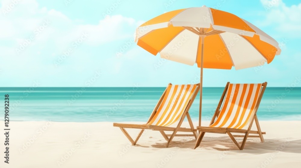 Two chairs and a colorful umbrella are set on a sandy beach, creating a perfect spot for relaxation and enjoyment under the sun. Two chairs and a colorful umbrella are set on a sandy beach, creating a perfect spot for relaxation and enjoyment under the sun.