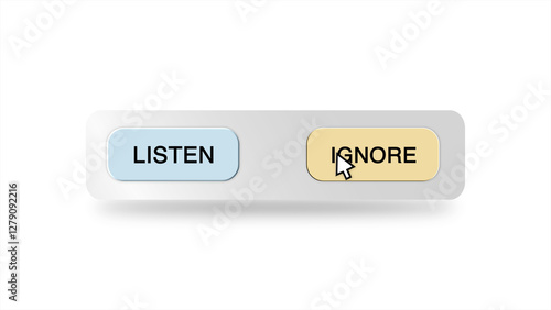 Fotografie A digital cursor hovers over a Listen or Ignore button on a white background