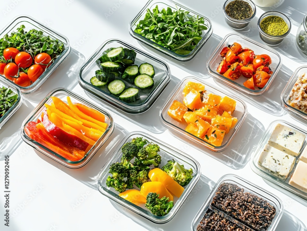 Meal assembly guide bright table setting illustrated content daylight environment flat lay view organized ingredients for healthy cooking