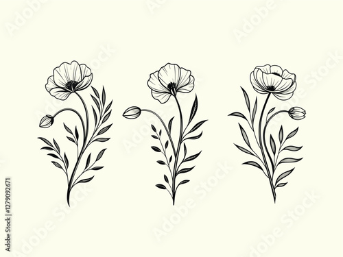 Hand-Drawn Outline Illustration of a Poppy Flower Design