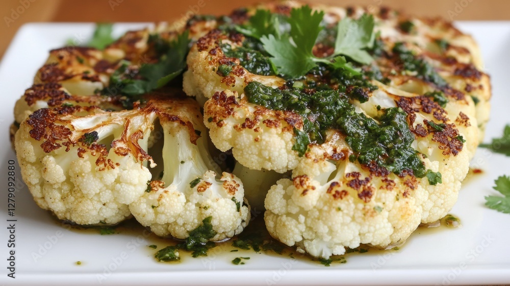 A roasted cauliflower steak served with chimichurri sauce, styled with elegant plating A roasted cauliflower steak served with chimichurri sauce, styled with elegant plating