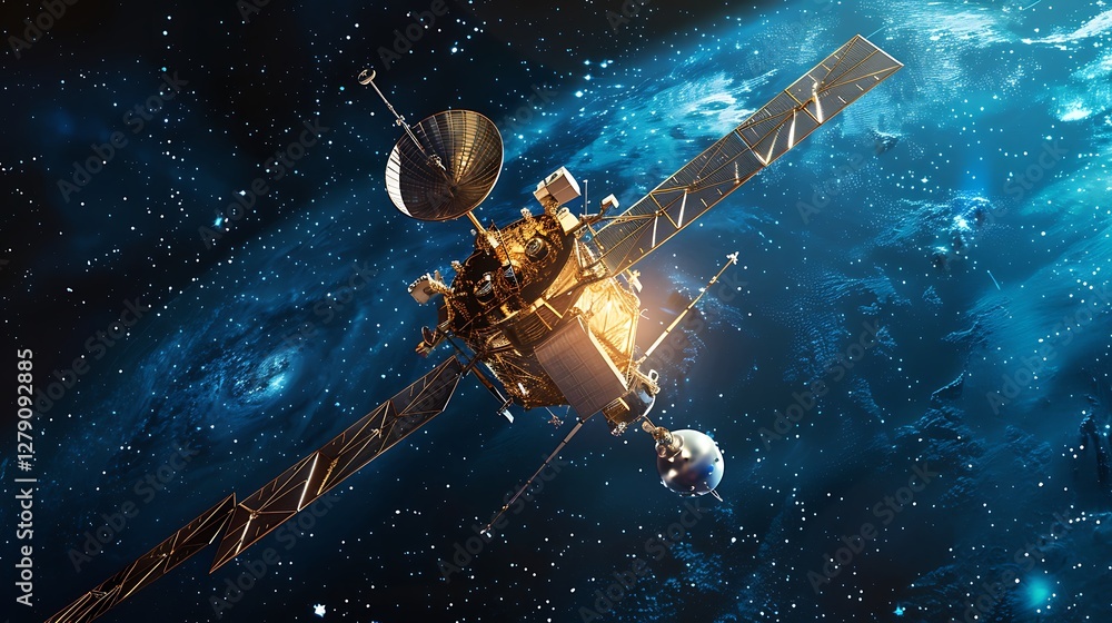 A maintenance robot repairing a large satellite in space A maintenance robot repairing a large satellite in space