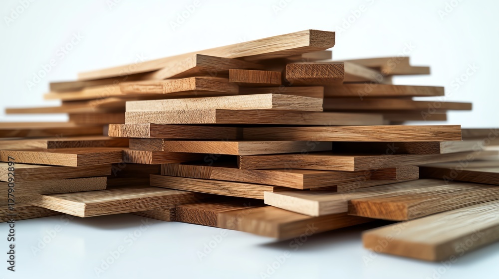 A pile of wooden planks arranged on a white background. A pile of wooden planks arranged on a white background.