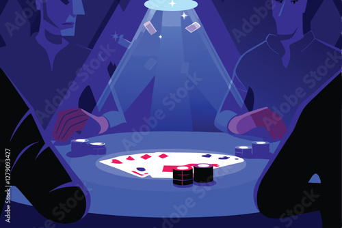 A dramatic poker game; intense expressions, chips stacked high, nervous hands, dimly lit room, expensive suits.  Show palpable tension.