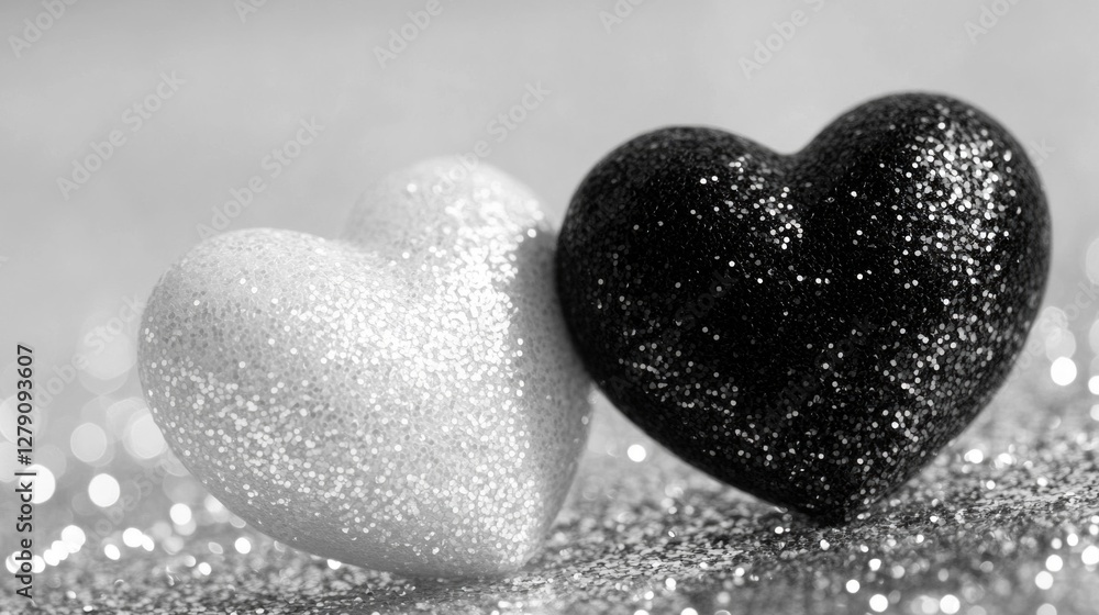 Fototapeta premium Two Glittering Hearts: A Black and White Romance