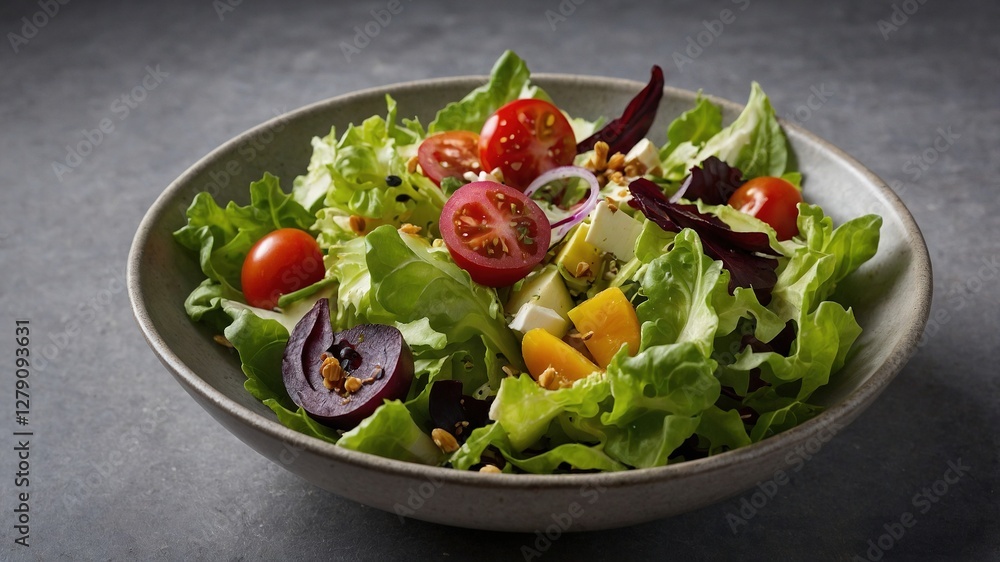 Plato de ensalada mixta con hojas verdes, tomates cherry, cebolla roja, pimientos amarillos, aceitunas negras y queso feta