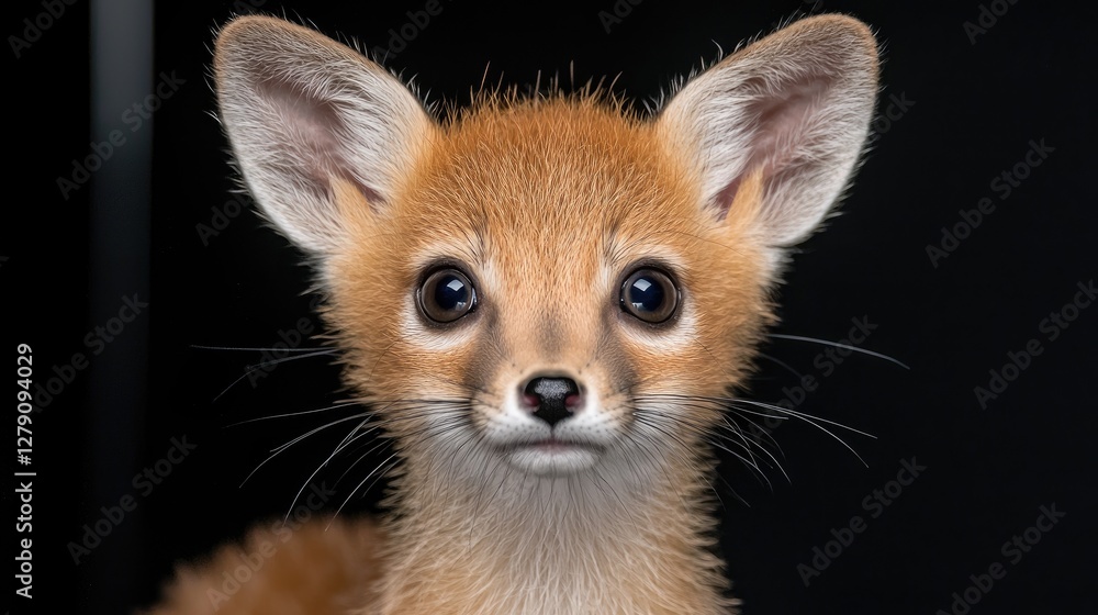 Fototapeta premium Adorable fox kit portrait, dark background, wildlife
