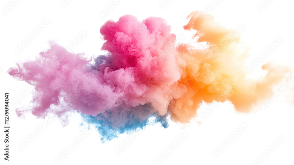 Fototapeta premium Colorful smoke swirl, vibrant hues of pink, orange, and blue create a dynamic visual, ideal for artistic projects and backgrounds. Isolated on white background or PNG