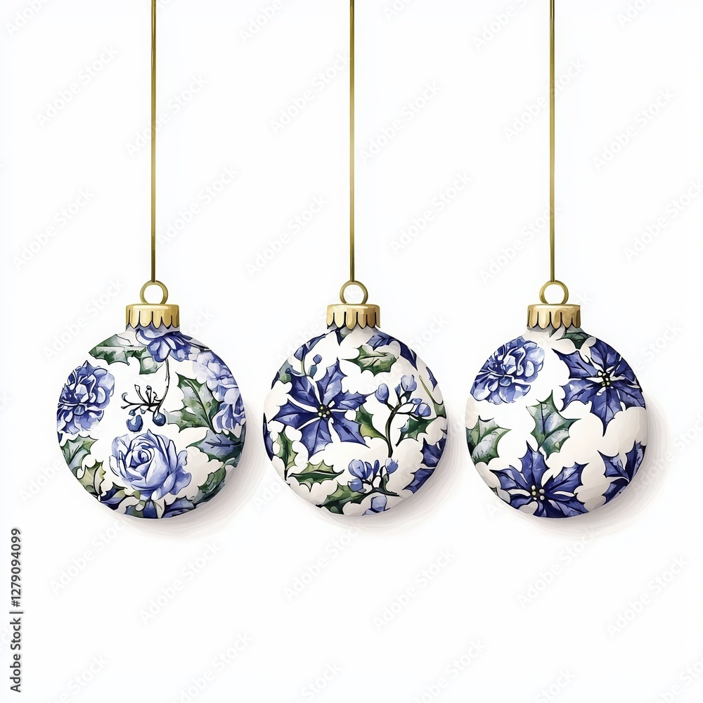 Obraz premium Three decorative Christmas ornaments with intricate blue floral patterns, hanging gracefully against a white background.