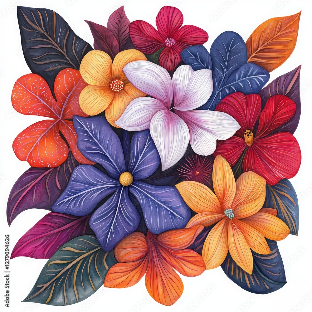 A vibrant arrangement of colorful flowers and lush green leaves, showcasing a variety of shapes and hues in a beautiful natural composition. A vibrant arrangement of colorful flowers and lush green leaves, showcasing a variety of shapes and hues in a beautiful natural composition.