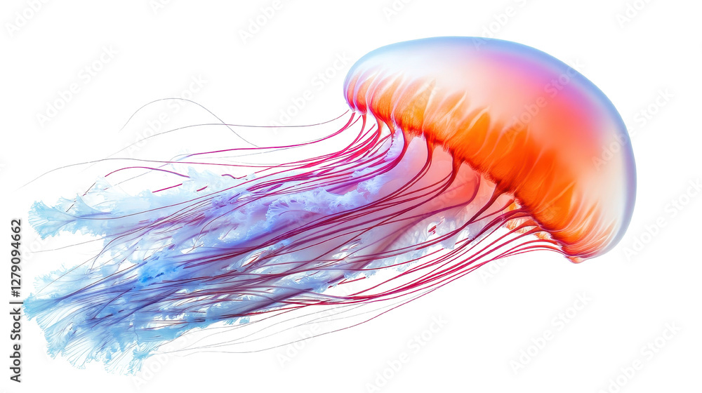 Obraz premium Colorful jellyfish gliding gracefully, translucent body with vibrant tentacles, marine life in motion, underwater beauty. Isolated on white background or PNG