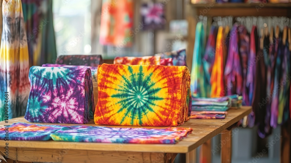 A table filled with various tie-dye projects, with vibrant swirls of color in fabrics drying in a creative studio. A table filled with various tie-dye projects, with vibrant swirls of color in fabrics drying in a creative studio.
