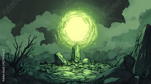 Dreadful discovery of an eldritch relic radiating unnatural power in a sinister muted landscape. Ancient Eldritch Relic. Illustration
