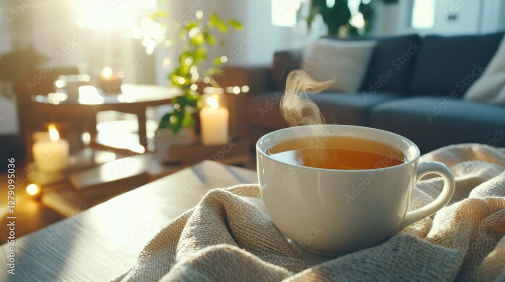 Relaxing herbal tea experience in a cozy living room warm candlelight and comforting atmosphere slight angle view Relaxing herbal tea experience in a cozy living room warm candlelight and comforting atmosphere slight angle view