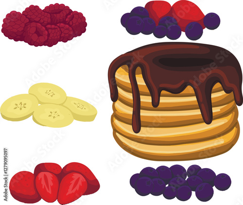 Vector pancake constructor. Golden brown snack stack topped with rich, melted chocolate with berries, banana slices