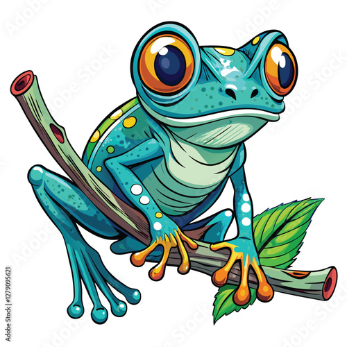 Close-up of a vibrant tree frog with bright eyes, clinging tightly to a branch.  Show intricate detail of its skin and gripping toes.