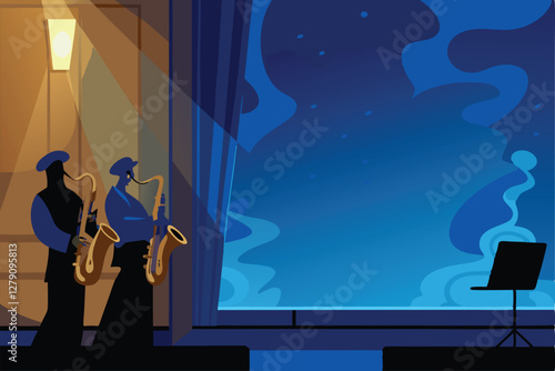 Create a vibrant illustration of a dimly lit jazz club; featuring multiple saxophones, muted trumpets, and a smoky atmosphere.  Emphasize the musical instruments and evocative lighting.