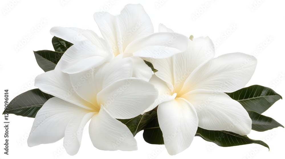 Fototapeta premium Three White Plumeria Flowers with Golden Centers and Green Leaves on White Background
