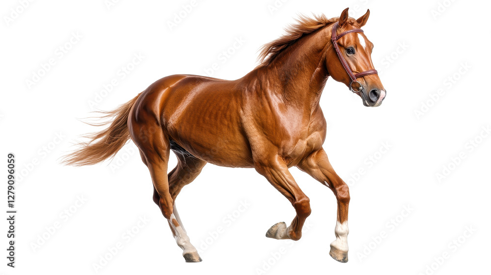 Naklejka premium Energetic horse galloping, sleek chestnut coat shining, vibrant movement captures freedom and strength, ideal for equestrian themes. Isolated on white background or PNG