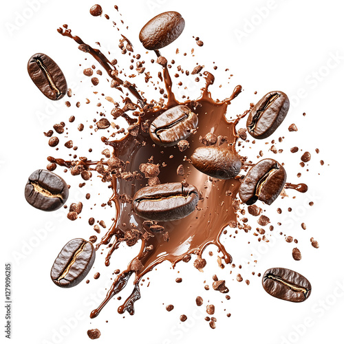 Coffee splash wave with coffee beans isolated on a white background