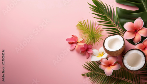 Tropical palm leaves, pink plumeria flowers, and halved coconuts are arranged on a pastel pink background. copy space
