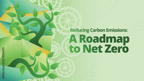 Reducing Corporate Carbon Emissions: A Roadmap to Net Zero concept. abstract polygonal with green plant and gears for go green concept. template vector illustration 