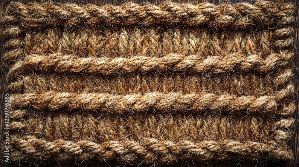 Natural Jute Rope Mat with Distinctive Twisted Texture on Rustic Wooden Background Natural Jute Rope Mat with Distinctive Twisted Texture on Rustic Wooden Background