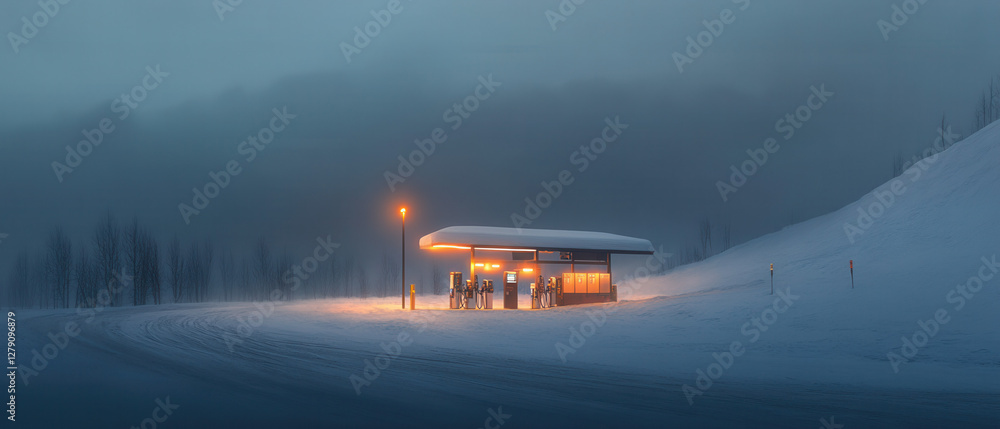 Winter gas station stop remote location photo snowy environment dusk viewpoint isolation concept Winter gas station stop remote location photo snowy environment dusk viewpoint isolation concept