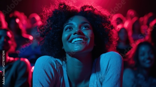 A person watching a live performance, their face lit up with excitement and a big smile in a concert crowd.