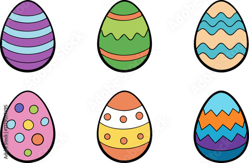 Set of colorful Easter eggs vector illustration with vibrant patterns, perfect for holiday designs, decorations, and Easter-themed projects for cards, posters, and greetings.