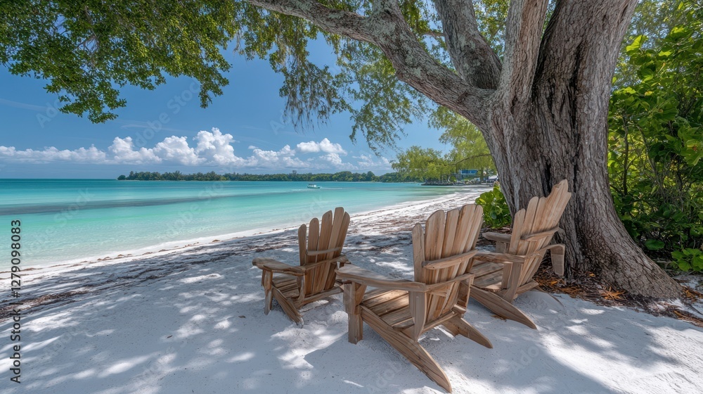 Three wooden chairs are arranged beneath a tree, providing a serene spot for relaxation on the sandy beach. Three wooden chairs are arranged beneath a tree, providing a serene spot for relaxation on the sandy beach.