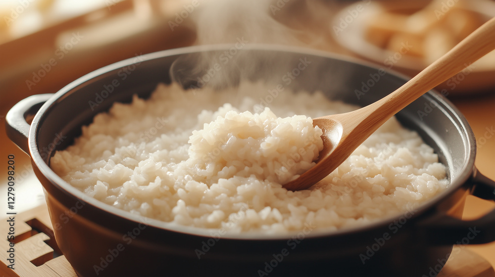 Steaming pot of rice with wooden spoon ready for serving at a cozy kitchen table during meal preparation Steaming pot of rice with wooden spoon ready for serving at a cozy kitchen table during meal preparation