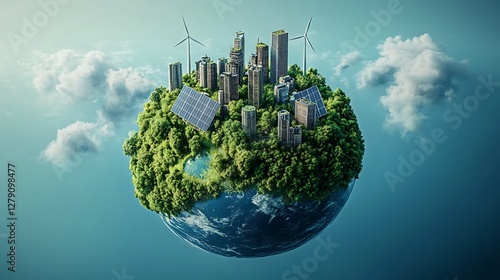 Sustainable City on a Miniature Planet, A miniature planet with a cityscape surrounded by lush greenery, solar panels, and wind turbines, symbolizing sustainable urban development and renewable energy