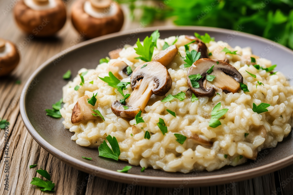 Creamy mushroom risotto served on a rustic wooden table with fresh herbs and ingredients in the background Creamy mushroom risotto served on a rustic wooden table with fresh herbs and ingredients in the background