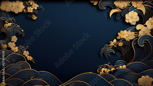 Elegant golden waves and flowers on deep navy blue background