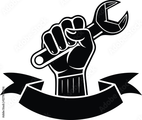 Labor Day hand holding wrench silhouette vector illustration for worker rights, mechanic tools, repair service, industry, engineering, construction, and maintenance.