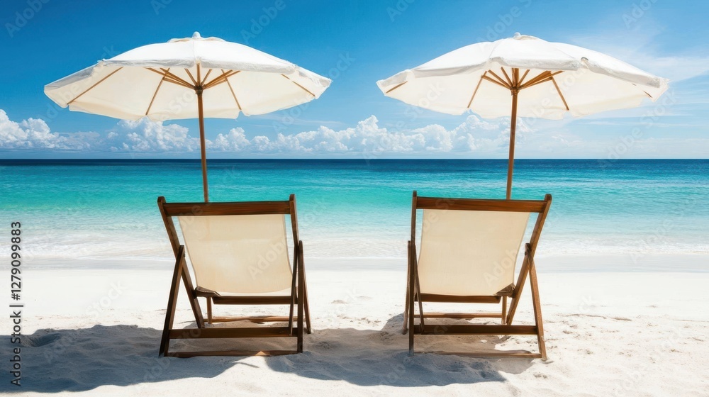 Two chairs sit under umbrellas on a serene beach, with the vast ocean stretching peacefully in the background, inviting relaxation and tranquility. Two chairs sit under umbrellas on a serene beach, with the vast ocean stretching peacefully in the background, inviting relaxation and tranquility.