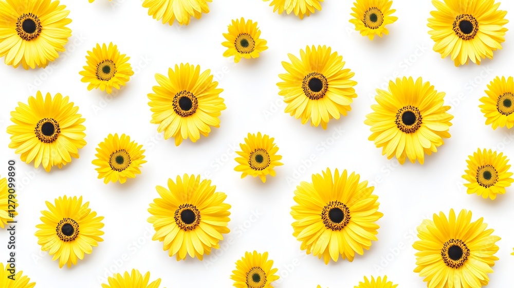 Overhead Flat Lay of Yellow Flowers With Dark Centers On Clean White Background Overhead Flat Lay of Yellow Flowers With Dark Centers On Clean White Background