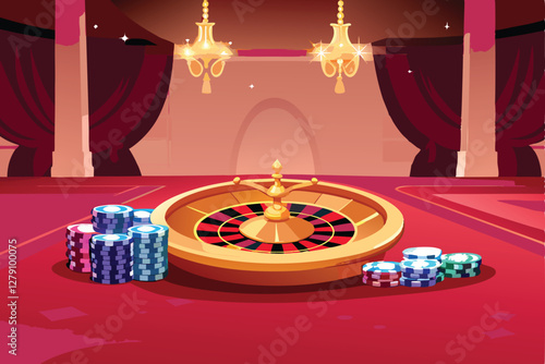 A gleaming golden roulette wheel dominates a lavish casino interior, showcasing opulent chandeliers, plush velvet seating, and sophisticated gamblers.