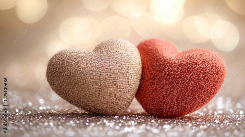 Fototapeta premium Two hearts together on glittering background