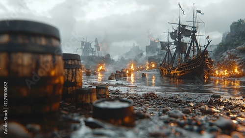 Wallpaper Mural atmospheric depiction of a hidden pirate cove with aged wooden barrels, glass bottles of rum, and an old sailing ship anchored near a rocky shore. the scene is lit by firelight reflecting off the wet  Torontodigital.ca