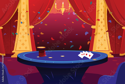 A lavish poker game scene; rich red and gold decor, luxurious poker table, high-end chips, cards, and elegant surroundings.