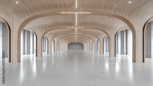 Modern Wooden Archway Hallway  Empty Interior Space  Architectural Design  Possible Use Presentation  Showcase