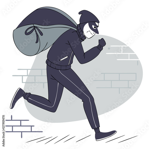 A thief in a black mask is sprinting away with a bag slung over his shoulder. The setting appears to be an urban area, possibly late at night, with a brick wall in the background