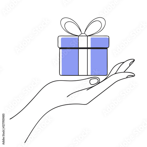 A single hand presents a wrapped gift box adorned with a ribbon. This gesture symbolizes kindness and the joy of giving. The setting is minimal, emphasizing the thoughtful act