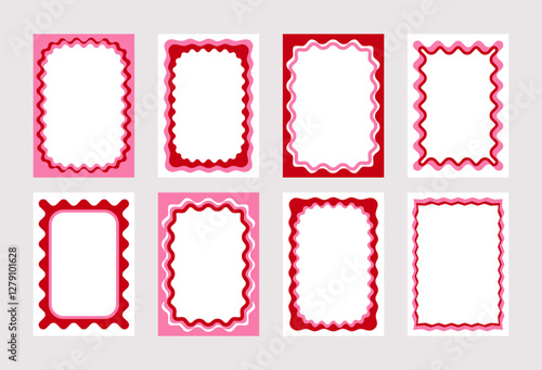 Set of Retro FRAMES WITH DOODLE RED, PINK curvy squiggly wavy. Wave scalloped edge frame. Cute curved frame box. Trendy vector template for greeting card, poster, invitation