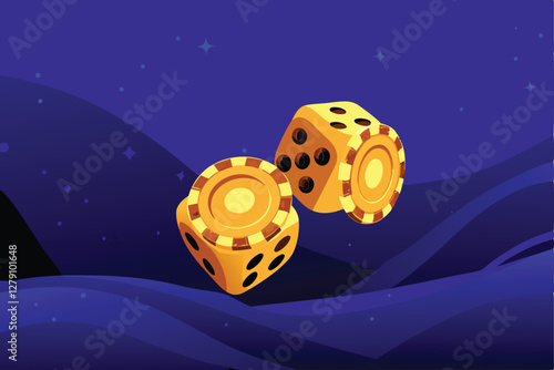 Create a lavish vector illustration of golden dice and sparkling,faceted spar crystals, suggesting opulence and high stakes.
